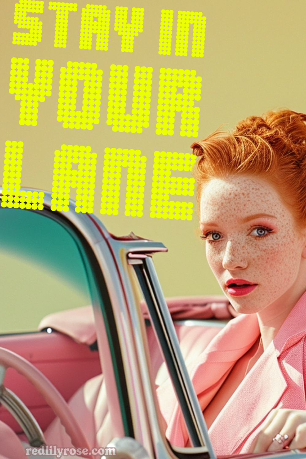 A freckled redhead sits confidently in a pink vintage car, looking over her shoulder with a surprised expression. The words "STAY IN YOUR LANE" are displayed in large, yellow pixelated letters above her head. The domain "redlilyrose.com" is visible at the bottom.