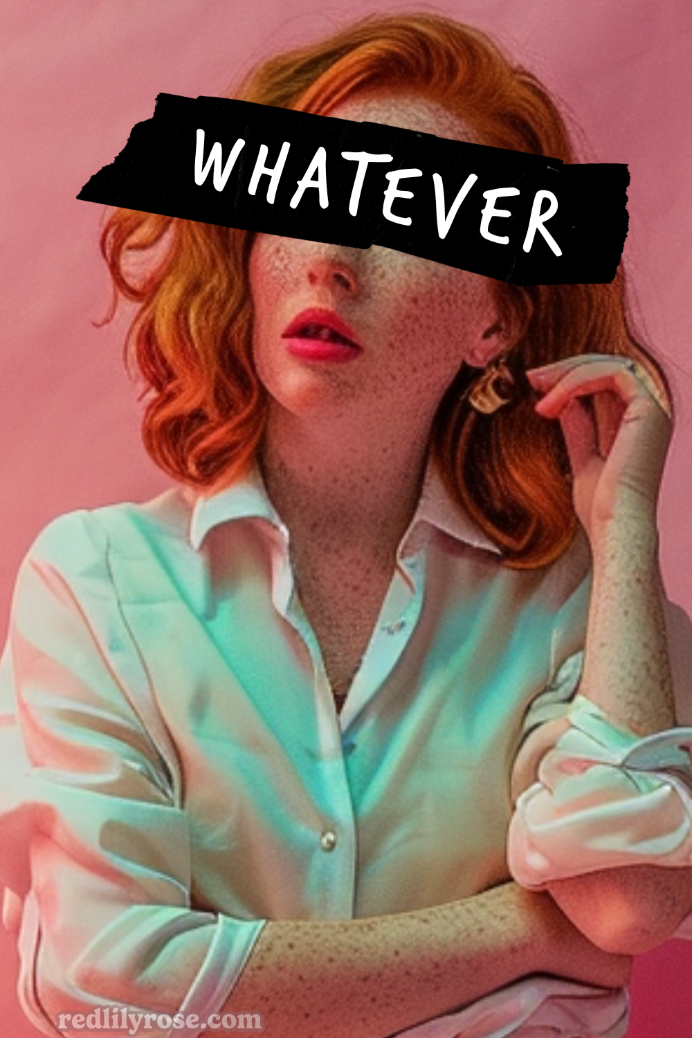 Freckled redhead stands with a confident pose against a pink background, her fiery red hair styled to the side. She wears a white button-up shirt with light pastel stripes, giving a glance that's both challenging and alluring. A black bar with the word "WHATEVER" covers her eyes, adding an air of mystery. The bottom of the image features the website "redlilyrose.com" in a subtle font.