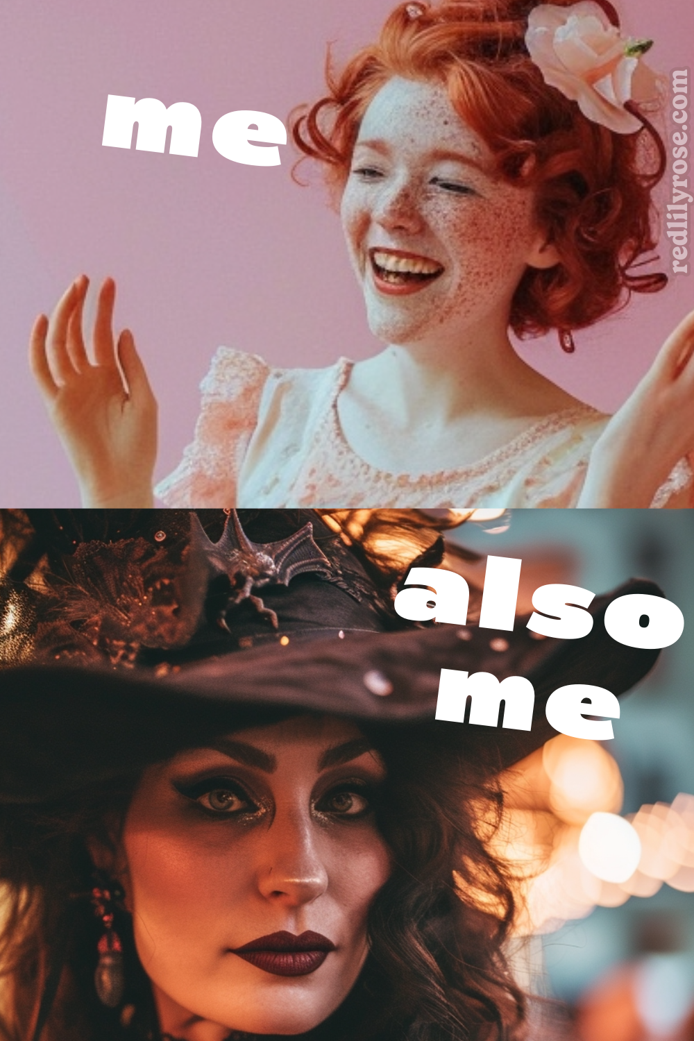 Freckled redhead laughing joyfully in a white princess dress on the left, and portraying a captivating witch in black lace with a dramatic hat on the right, showcasing the playful and seductive sides of her personality.