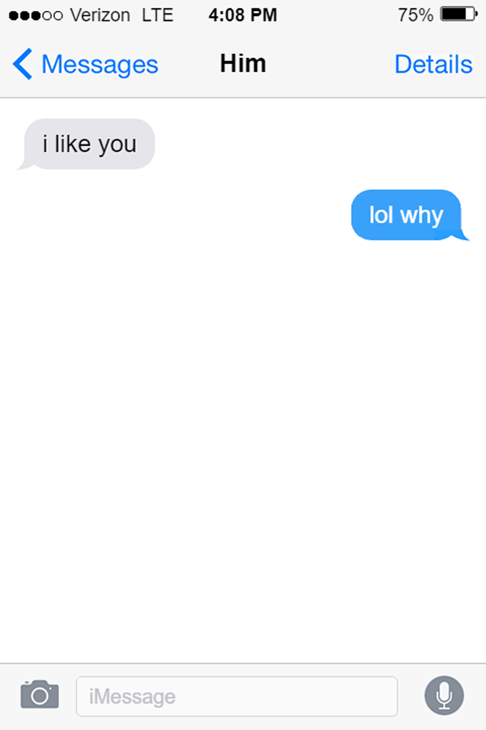 A screenshot of a text message conversation on an iPhone with a Verizon LTE connection. The contact is named "Him" and the time displayed is 4:08 PM with the battery at 75%. The conversation includes a message from Him saying "i like you" and a response from the receiver saying "lol why".